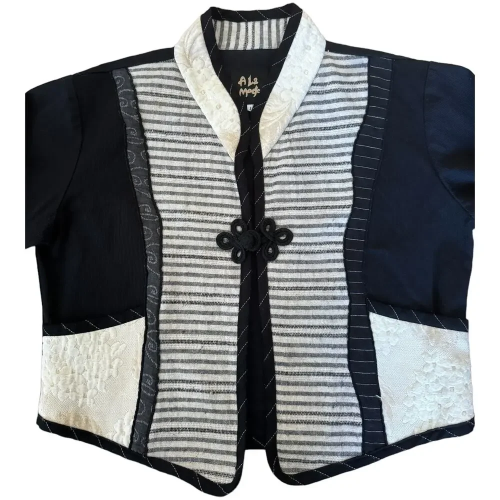 Vintage A La Mode patchwork  jacket black cream frog toggle made USA size large